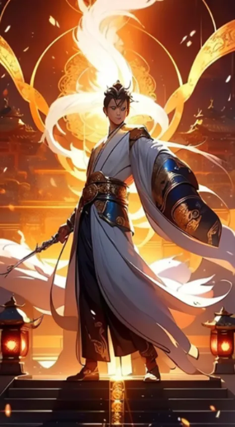 2 people，immortal warlock，a handsome taoist priest stands in front of the taoist priest，radiate golden light，handsome taoist，（su...