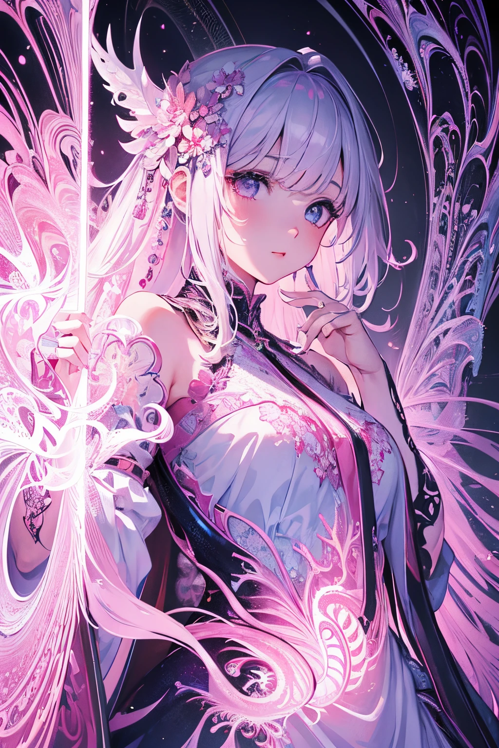 (Absurd, High Resolution, Ultra Detailed), 1girl, Solo, Very Detailed Eyes, (Official Art, Beauty and Aesthetics: 1.2), (Fractal Art: 1.3), White Pink Color Scheme, Most Detailed