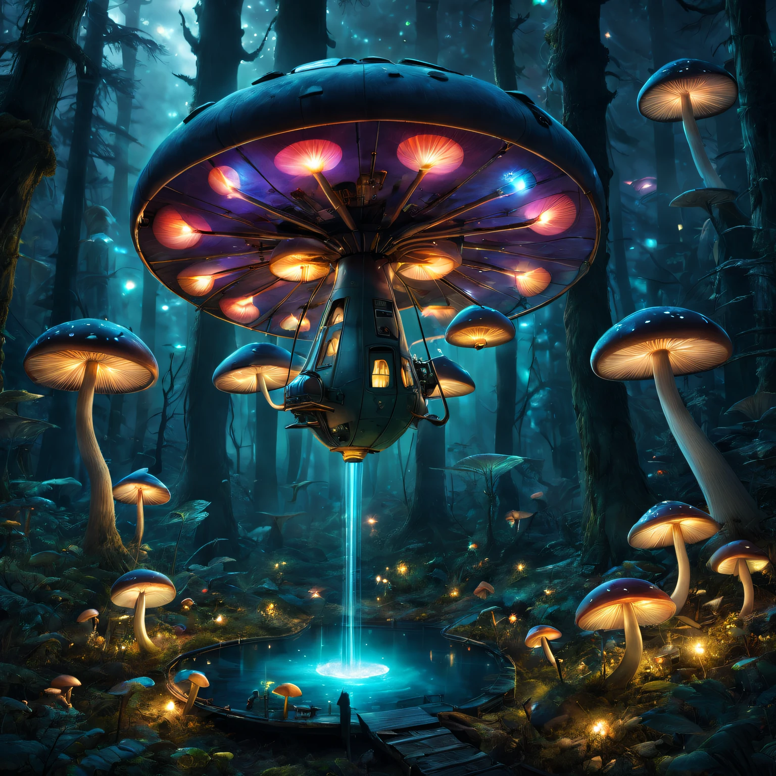 Mushrooms in a forest with a waterfall and a man standing in the middle -  SeaArt AI