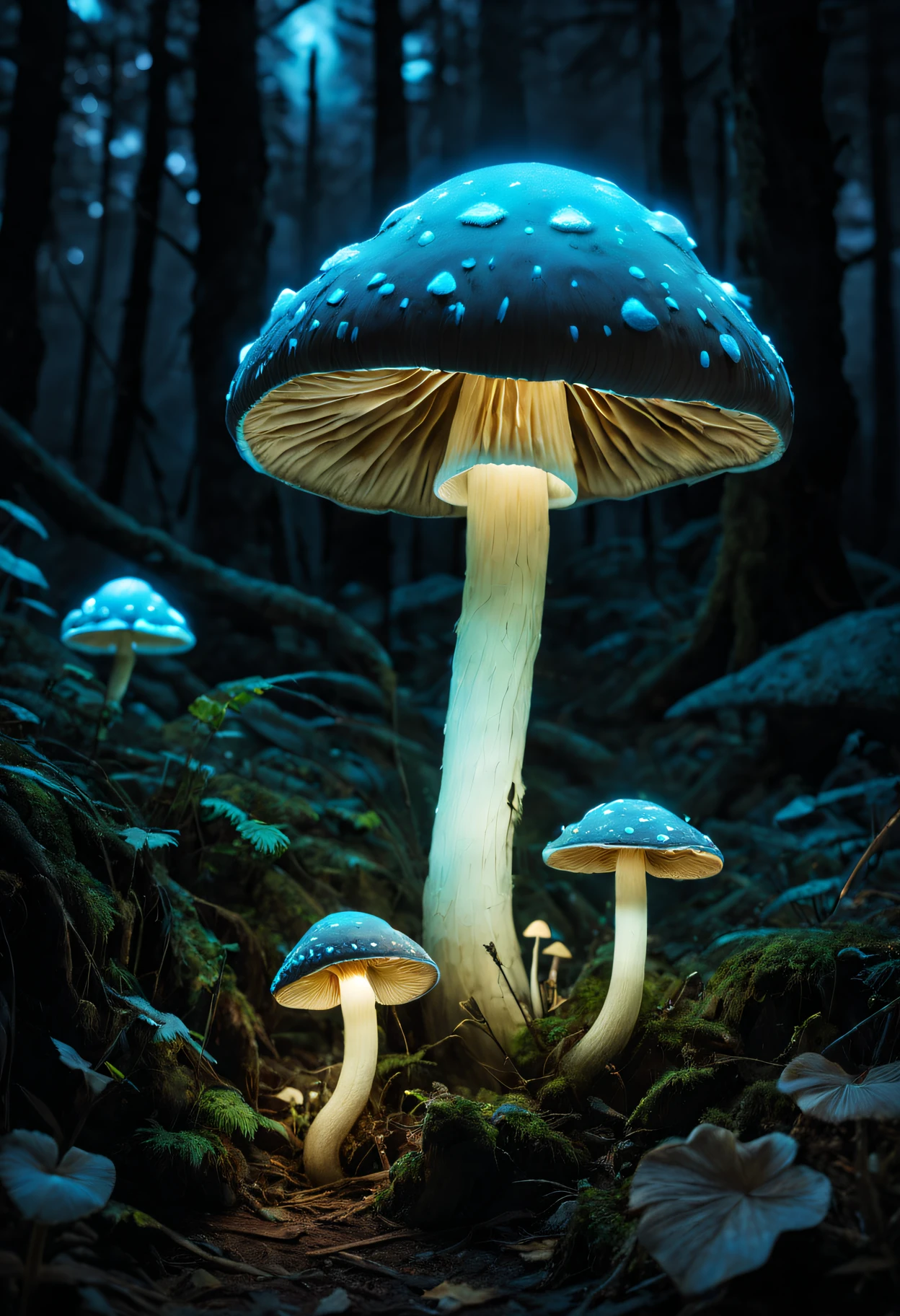 Mushrooms are glowing in the dark in a forest with moss - SeaArt AI