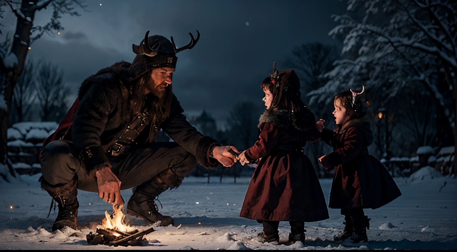 Demon threatening kids, winter fairytale atmosphere, yule, epic concept art illustration, viking