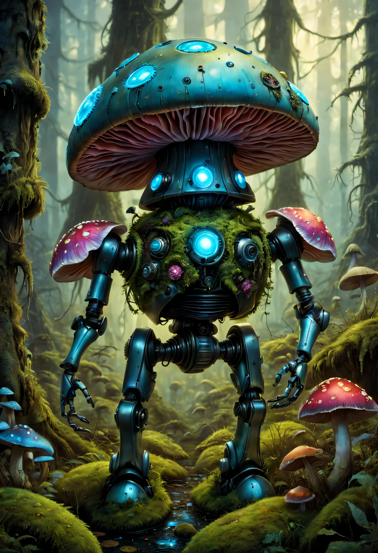 Bioluminescent Mushroom Robot, Detailed robot with glowing mushrooms, vivd colour, Surreal lighting, Super detailed mushroom, realistic robot design, Complex robotic components, Enchanted forest setting, Moss-covered robot limbs, Moss-covered robot appearance, Mechanical gears, Ethereal atmosphere。(Best quality at best,A high resolution,tmasterpiece:1.2),ultra - detailed,(actual:1.37).