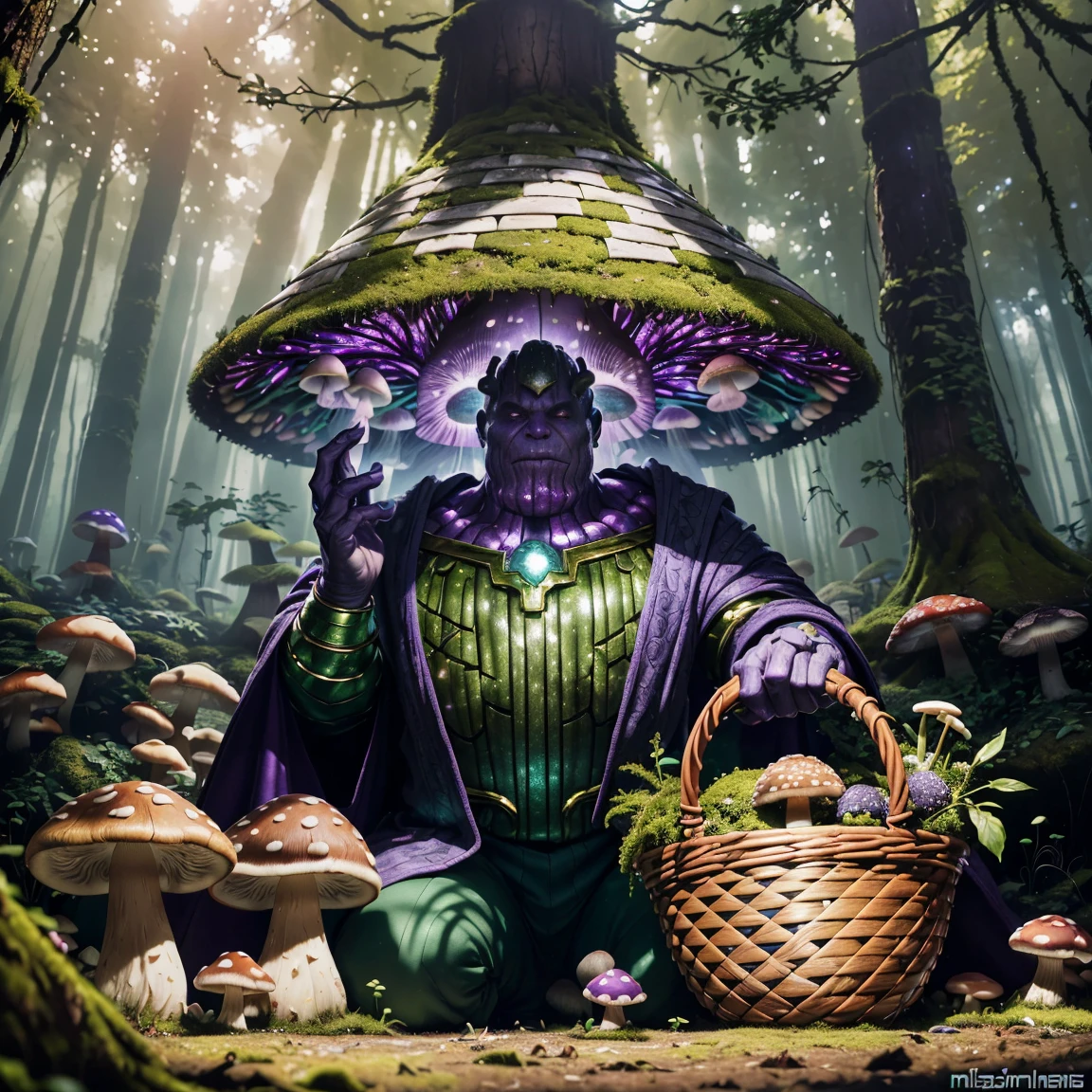 (Best quality,4K,A high resolution,tmasterpiece:1.2),ultra - detailed,(actual,realistically,realistically:1.37),Colorful, a vibrant one,(Glowing mushrooms:1.2), Thanos picking mushrooms in the forest, enchanting atmosphere, magical lighting, dreamlike landscapes, bioluminescent mushrooms,Ominous purple and green color palette,magical ambiance,tmasterpiece:1.2,Forest floor covered with moss, Mushroom caps with intricate patterns and textures, (Thanos with a basket:1.4), Sunlight streaming through the canopy, Quiet and peaceful environment, feelings of surprise and curiosity, Lush green leaves, Ethereal atmosphere, Soft and diffuse lighting, fairy tale setting, Mushrooms give off a magical light, A sense of adventure, Hidden treasure, A tranquil and immersive experience.