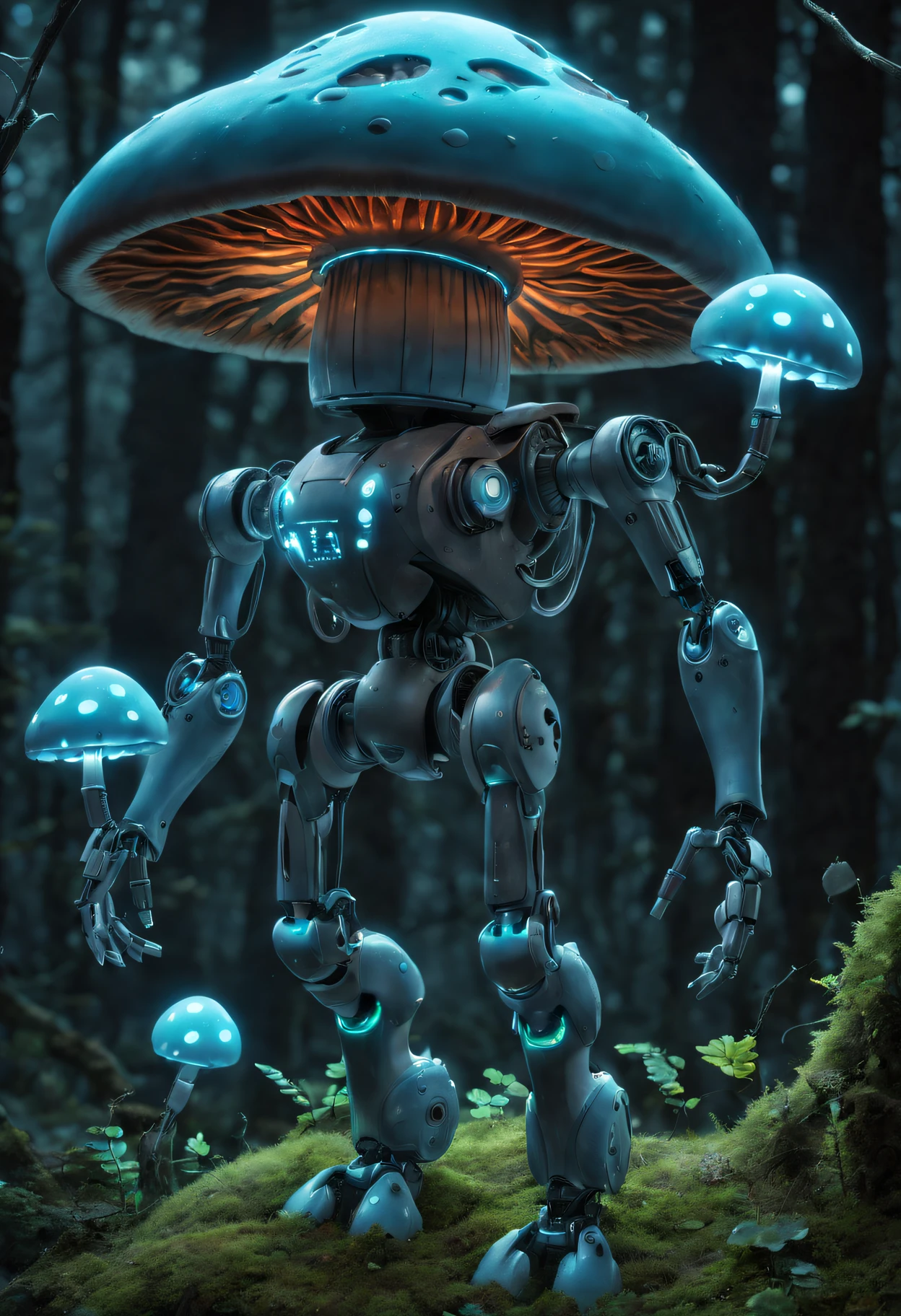 Bioluminescent Mushroom Robot, Detailed robot with glowing mushrooms, vivd colour, Surreal lighting, Super detailed mushroom, realistic robot design, Complex robotic components, Enchanted forest setting, Moss-covered robot limbs, Moss-covered robot appearance, Mechanical gears, Ethereal atmosphere。(Best quality at best,A high resolution,tmasterpiece:1.2),ultra - detailed,(actual:1.37).
