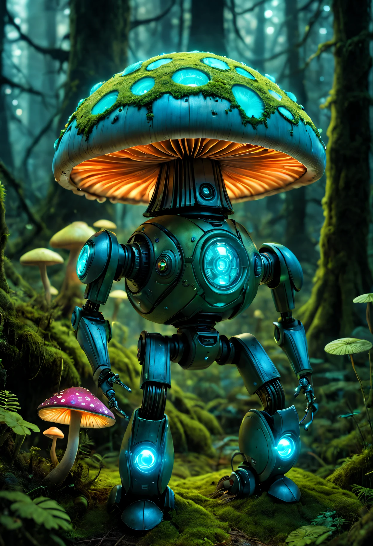 Bioluminescent Mushroom Robot, Detailed robot with glowing mushrooms, vivd colour, Surreal lighting, Super detailed mushroom, realistic robot design, Complex robotic components, Enchanted forest setting, Moss-covered robot limbs, Moss-covered robot appearance, Mechanical gears, Ethereal atmosphere。(Best quality at best,A high resolution,tmasterpiece:1.2),ultra - detailed,(actual:1.37).