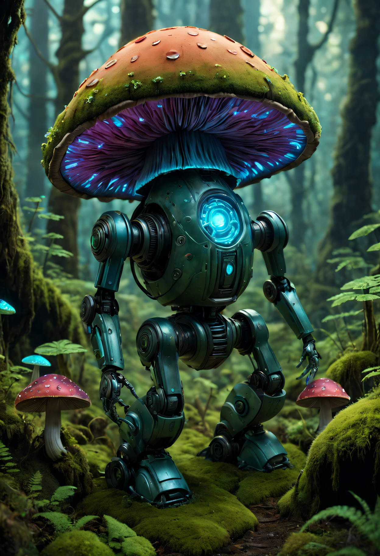 Bioluminescent Mushroom Robot, Detailed robot with glowing mushrooms, vivd colour, Surreal lighting, Super detailed mushroom, realistic robot design, Complex robotic components, Enchanted forest setting, Moss-covered robot limbs, Moss-covered robot appearance, Mechanical gears, Ethereal atmosphere。(Best quality at best,A high resolution,tmasterpiece:1.2),ultra - detailed,(actual:1.37).