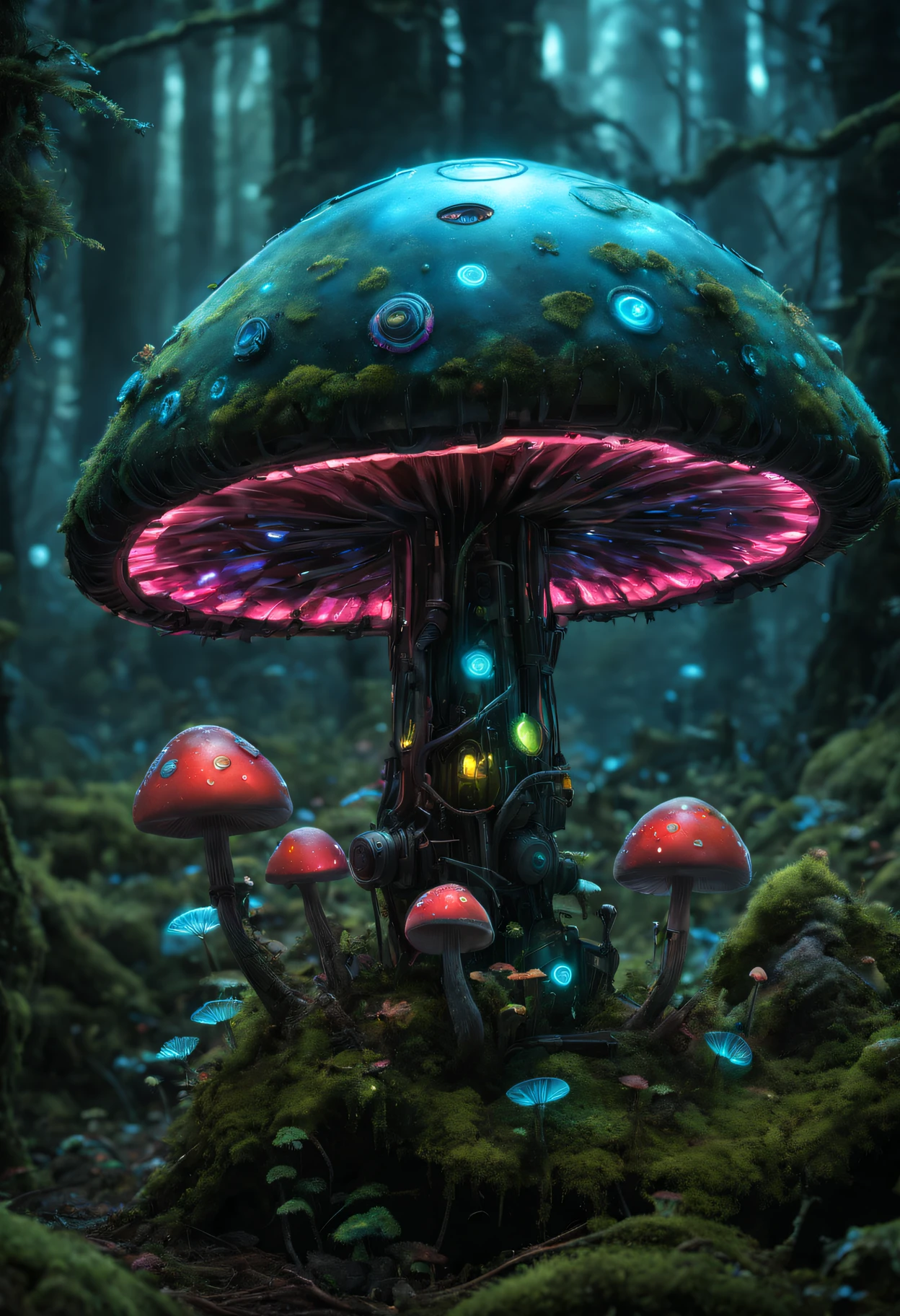 Bioluminescent Mushroom Robot, Detailed robot with glowing mushrooms, vivd colour, Surreal lighting, Super detailed mushroom, realistic robot design, Complex robotic components, Enchanted forest setting, Moss-covered robot limbs, Moss-covered robot appearance, Mechanical gears, Ethereal atmosphere。(Best quality at best,A high resolution,tmasterpiece:1.2),ultra - detailed,(actual:1.37).