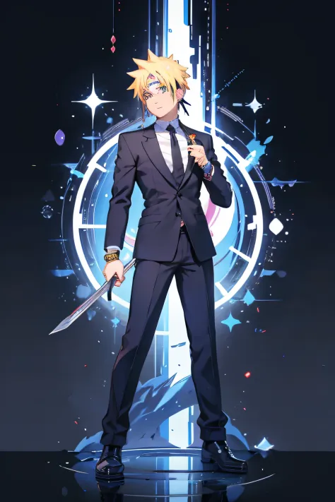 A anime character naruto in formals with earrings and  bracelets
