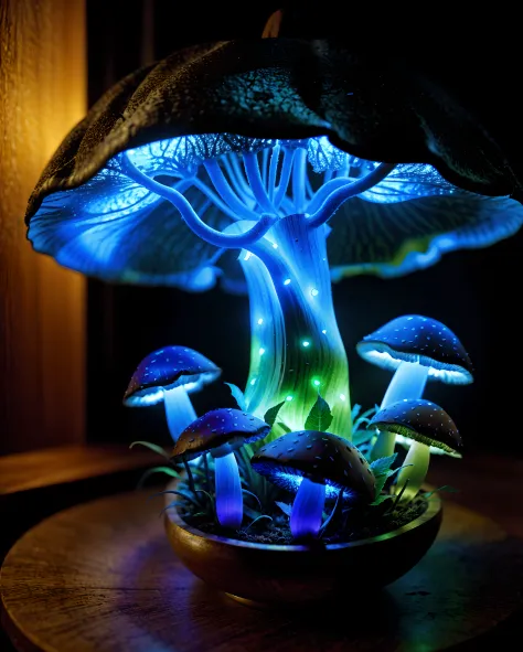 (absurdres, highres, ultra detailed), (Masterpiece),bioluminescent mushroom, 2 tomatoes