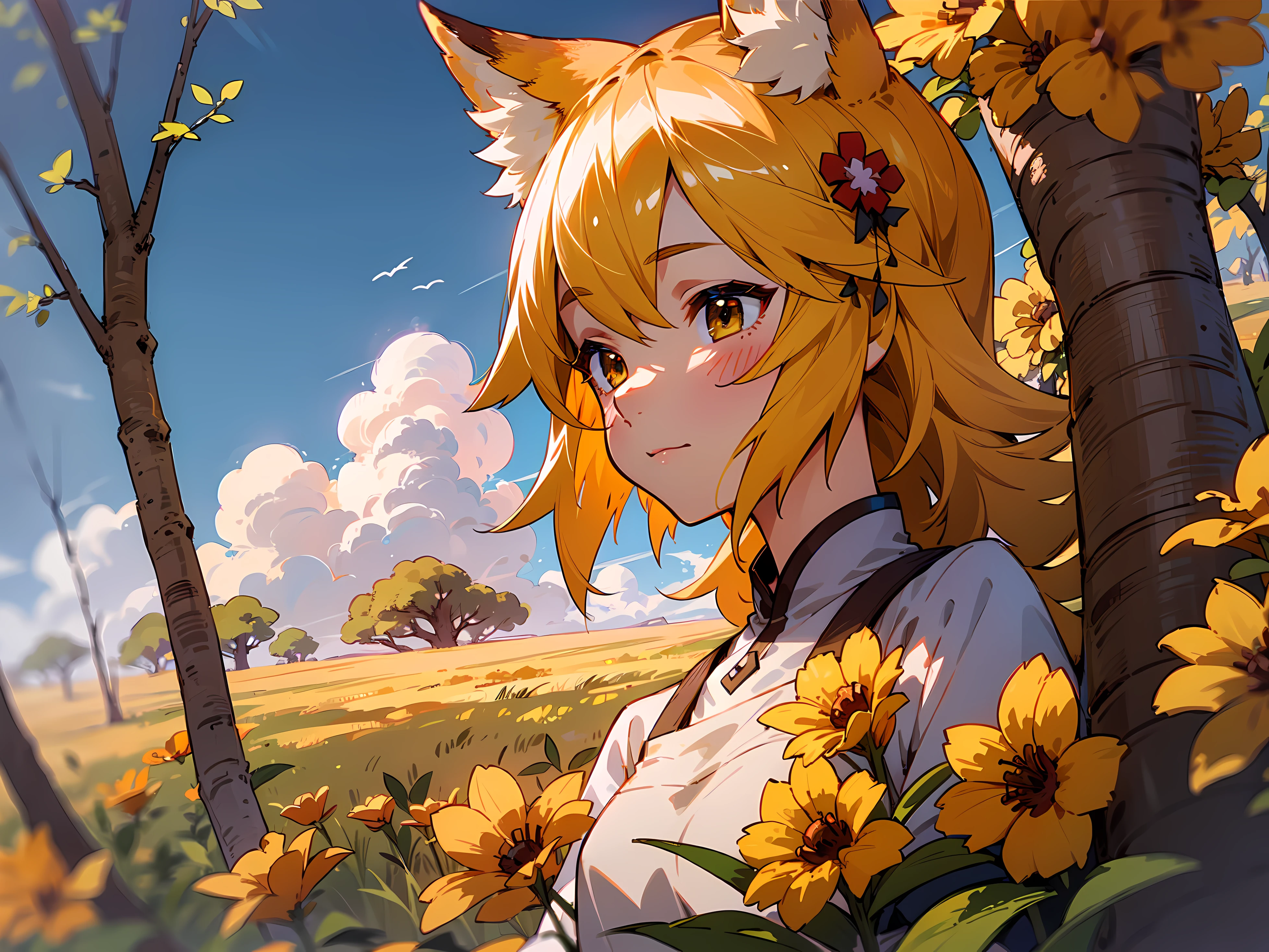 A girl, Fox ears, field, Orange flowers. Super detailed, Detailed ears, Detail Eyes, Girls 4K, Detailed flowers, beautiful clouds, detailed blocks, Beautiful trees, trees in the background, Detailed trees, Girl close-up, body