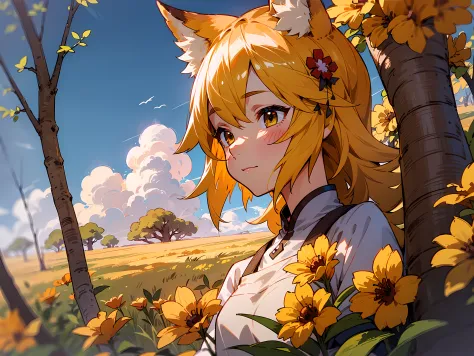 A girl, Fox ears, field, Orange flowers. Super detailed, Detailed ears, Detail Eyes, Girls 4K, Detailed flowers, beautiful cloud...