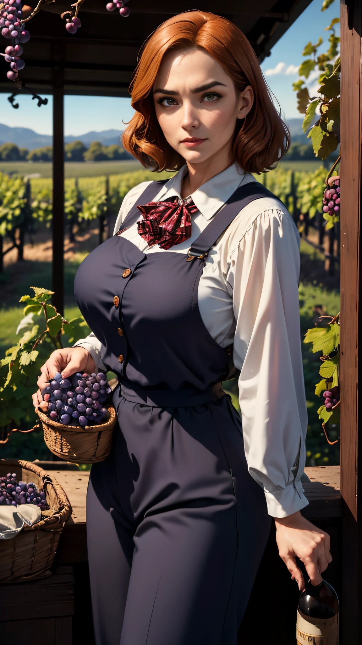 uma imagem de (1 mulher), uma mulher escocesa de 40 anos, Peça de época dos anos 1940, estilo da 2ª guerra mundial,  calças de trabalho de cintura alta, suspensórios, camisa xadrez vermelha, (((colhendo uvas em um vinhedo))), cinematic, Ualta definição, obra de arte, Anatomicamente correto, Pele texturizada, manchas naturais , rugas,Super Detalhe, alta qualidade, melhor qualidade, premiado, alta resolução, 16k, alta definição,