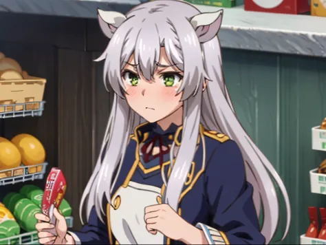 (super high resolution), 1girl, silver hair, green eyes, cat ears, solo, intensive blushes, watery eyes, jealous expression, hand holding other hand, supermarket
