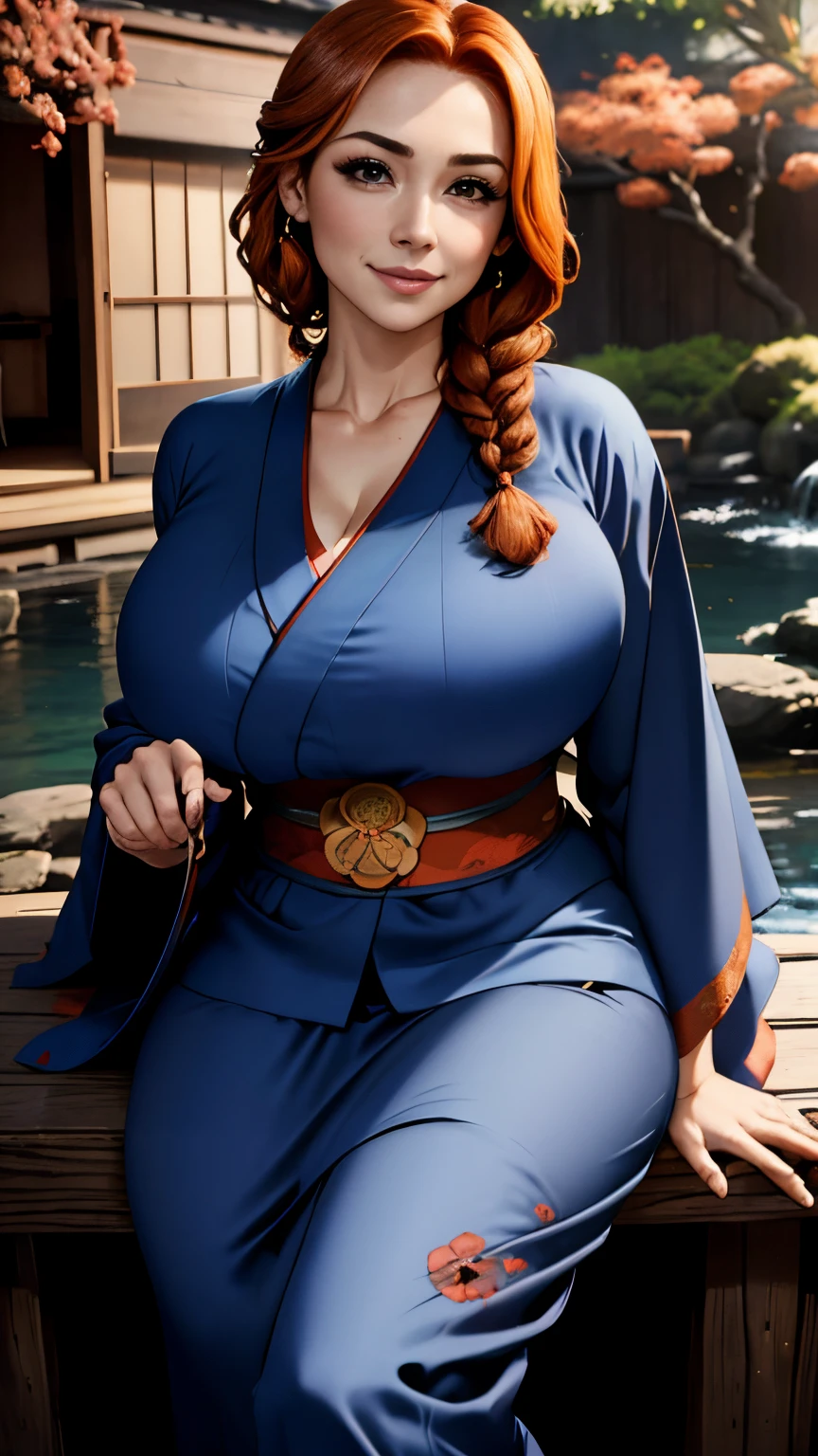 a picture of (1 woman), a 40-year- old Scottish woman, in a classic Japanese garden, (((garden scenery))), wearing a loose blue silk kimono with poppy decorations, (((blue kimono))) cinematic, UHD, masterpiece, anatomically correct, textured skin, natural blemishes , wrinkles,super detail, high quality, best quality, award winning, highres, 16k, HD, copper red hair in a braid, downturned brown eyes, broad smile, happy, flirty, ((downturned eyes)), (European), massive breasts