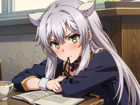 (super high resolution), 1girl, silver hair, green eyes, cat ears, solo, intensive blushes, watery eyes, jealous expression, mouth open, classroom, staring at a boy with red hair