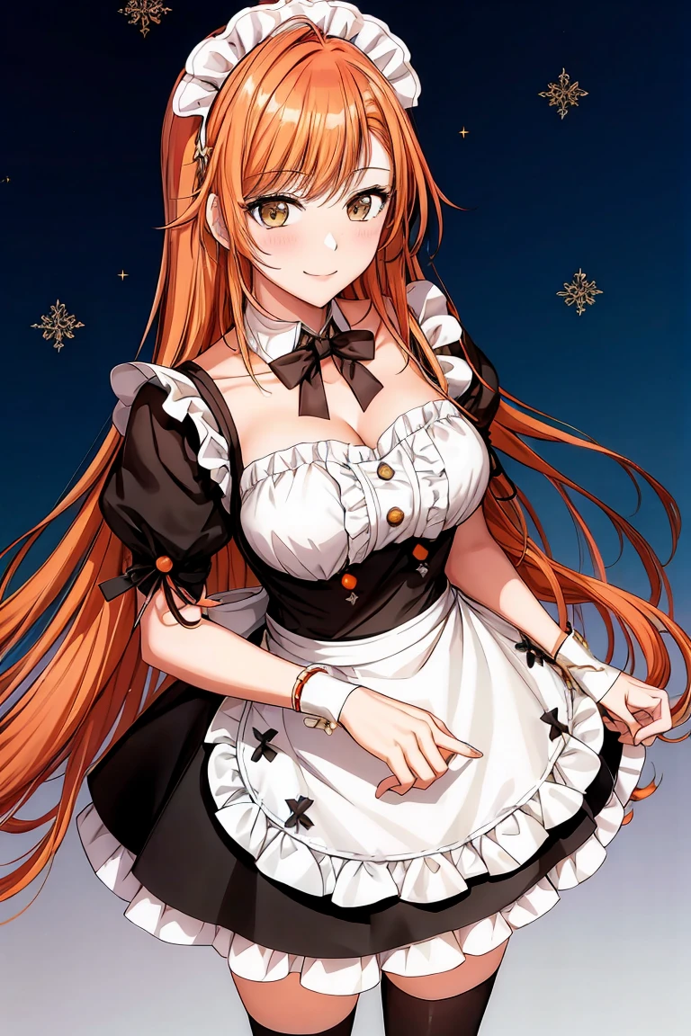 (shoujo-style:1.2), masterpiece, best quality, arisugawa natusha, 1girl, solo, standing, smile, bangs, breasts, maid headdress, maid, frills, black dress, detached collar, puffy short sleeves, wrist cuffs, apron, white thighhighs, long hair, orange hair, looking at viewer, closed mouth,