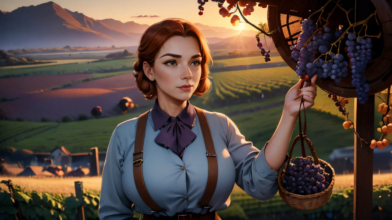 a picture of (1 woman), a 40-year- old Scottish woman, 1940s period piece, world war 2 style,  high-rise working trousers, suspenders, red gingham shirt, (((picking grapes in a vineyard))), cinematic, UHD, masterpiece, anatomically correct, textured skin, natural blemishes , wrinkles,super detail, high quality, best quality, award winning, highres, 16k, HD,