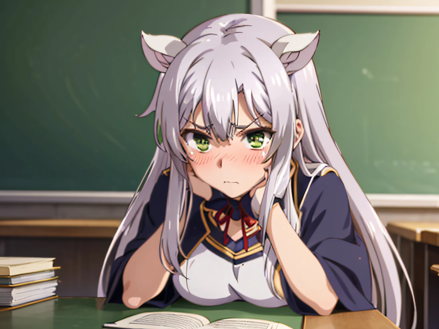 Anime girl with long white hair sitting at a desk with a book - SeaArt AI