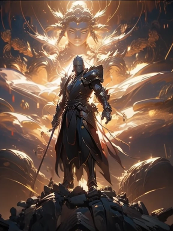 Yang Jian is standing in front of golden transparent glowing Buddha, Yang Jian from Chinese mythology who has a red mark on his forehead heroically and wear silver armor, background is sky, cloud special effects, chinese painting, fenghua zhong, kazuki takamatsu, yeong-hao han, god rays, solarizing master, low angle shooting, extreme detailed,picture-perfect, masterpiece, Facing the camera --s 190 --ar 3:4 --niji 5