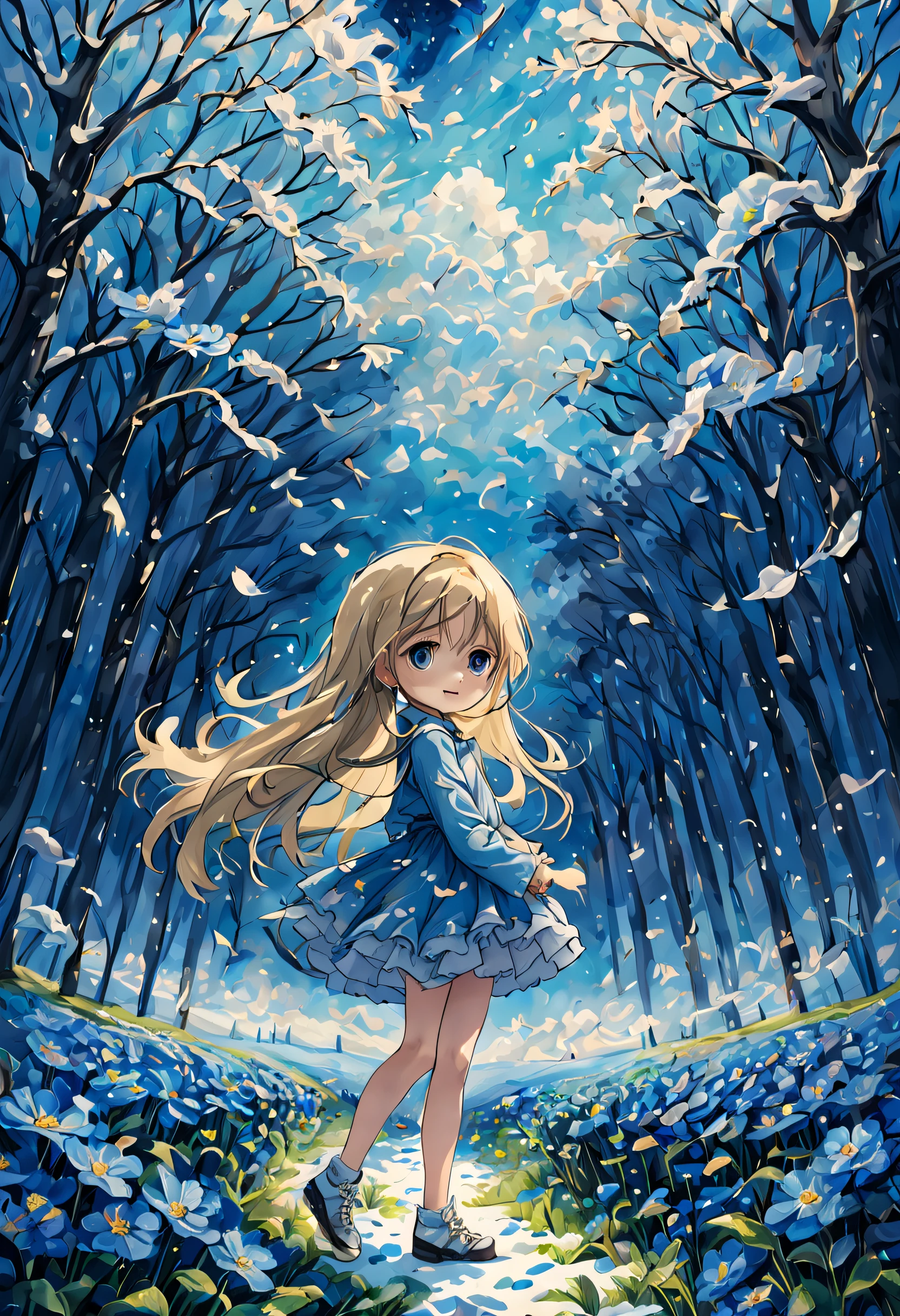 (absurdres, highres, ultra detailed, UHD, cinematic), solo, 1girl, young, happy, girl standing in blue flower field, flower petal surrounding girl, full body, long hair girl, blonde, loli, fantasy, dreamy, snowy, official art, pop art, profile, ultra detailed face, ultra detailed eyes, blue flower field, ultra detailed field, blue sky, cold, blue, dark blue, white,  nebula in the sky, blue tree, watercolor, pastel color,  green eyes, flying, spirit,  ultra detailed eyes,  smile