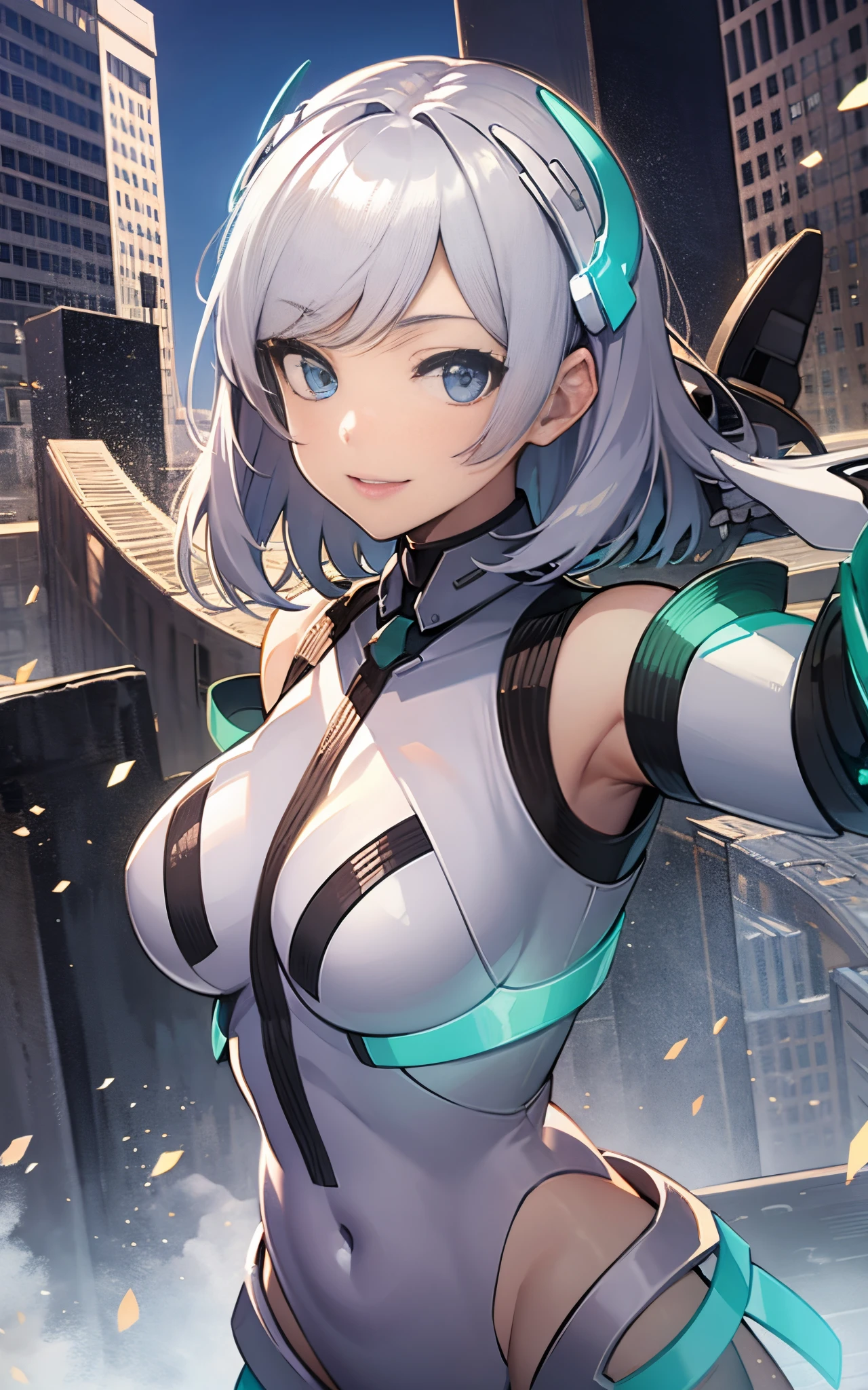 lightsmile, deva battle suit, Outdoors, Silver hair, bobhair, Blue eyes, waist shot