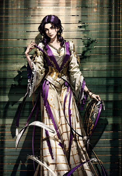 A mature woman, medium-length black-purple hair, curly bangs, sly eyes, a playful smile, an elegant and wise demeanor, a simple fantasy martial arts-style orange two-piece dress with a long skirt, wide sleeves, a flowing hem, Gracefully strolling in an anc...