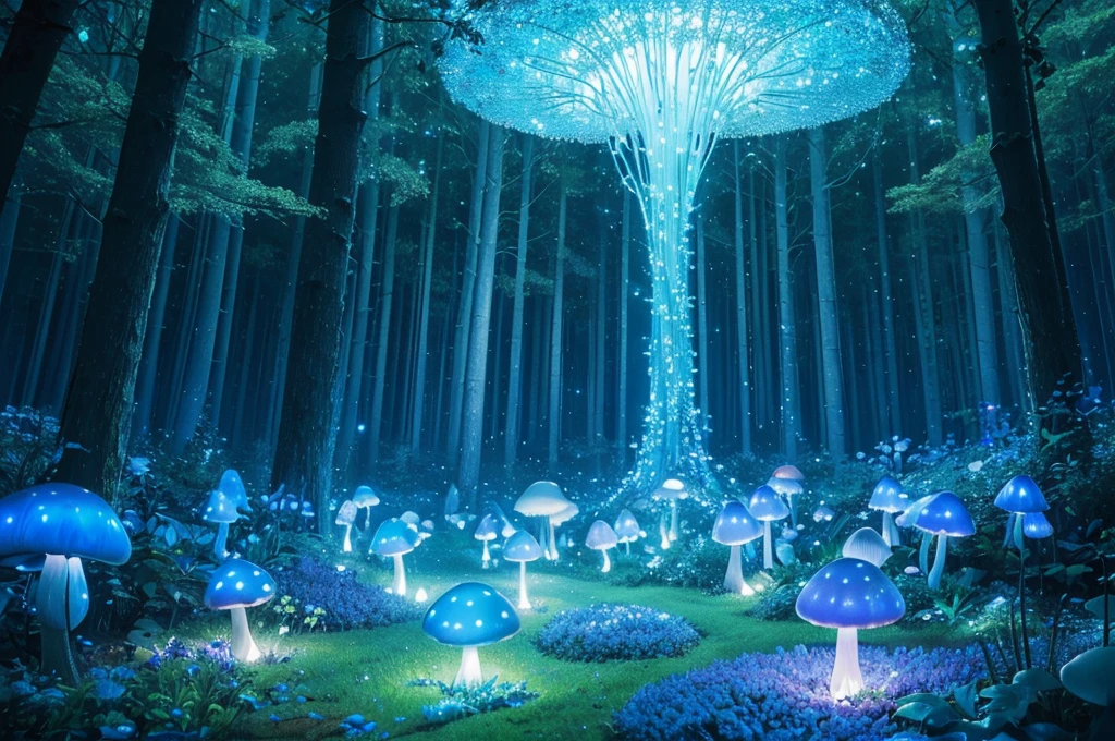 (Best quality at best,A high resolution),Transparent blue glowing mushroom,3Drenderingof,Crystal clear details,vivd colour,gentlesoftlighting,fanciful,Fairytale,Obsessed,Whimsical,magical,mistic,Ethereal,Otherworldly,wonderland,glowing spores,an enchanted forest,enchantedgarden,nighttime scene,Fantastical Atmosphere,naturey,a plant,Bio-luminescence,Soft glow,luminance,fungus,semi transparent,illuminating,Exquisite,dream-like,illusion,illuminated,Ethereal tendrils,floating,crooked stem,Soft edges,glow gently,Sparkling particles of light,mistic,mysterious glow,dream-like,tranquil ambiance,the lush vegetation,light wind,peacful,Calm,magical ambiance,blue light,Phosphorescent,stillness,Luminescent fungi,A majestic,Colorful,Blue tones,Delicate and beautiful,Fascinating.