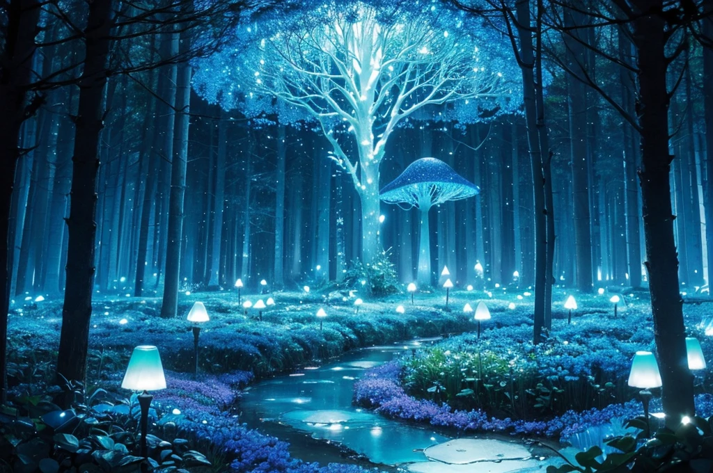 (Best quality at best,A high resolution),Transparent blue glowing mushroom,3Drenderingof,Crystal clear details,vivd colour,gentlesoftlighting,fanciful,Fairytale,Obsessed,Whimsical,magical,mistic,Ethereal,Otherworldly,wonderland,glowing spores,an enchanted forest,enchantedgarden,nighttime scene,Fantastical Atmosphere,naturey,a plant,Bio-luminescence,Soft glow,luminance,fungus,semi transparent,illuminating,Exquisite,dream-like,illusion,illuminated,Ethereal tendrils,floating,crooked stem,Soft edges,glow gently,Sparkling particles of light,mistic,mysterious glow,dream-like,tranquil ambiance,the lush vegetation,light wind,peacful,Calm,magical ambiance,blue light,Phosphorescent,stillness,Luminescent fungi,A majestic,Colorful,Blue tones,Delicate and beautiful,Fascinating.