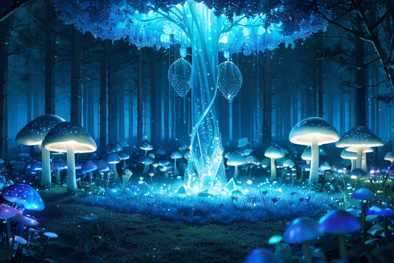 (Best quality at best,A high resolution),Transparent blue glowing mushroom,3Drenderingof,Crystal clear details,vivd colour,gentlesoftlighting,fanciful,Fairytale,Obsessed,Whimsical,magical,mistic,Ethereal,Otherworldly,wonderland,glowing spores,an enchanted forest,enchantedgarden,nighttime scene,Fantastical Atmosphere,naturey,a plant,Bio-luminescence,Soft glow,luminance,fungus,semi transparent,illuminating,Exquisite,dream-like,illusion,illuminated,Ethereal tendrils,floating,crooked stem,Soft edges,glow gently,Sparkling particles of light,mistic,mysterious glow,dream-like,tranquil ambiance,the lush vegetation,light wind,peacful,Calm,magical ambiance,blue light,Phosphorescent,stillness,Luminescent fungi,A majestic,Colorful,Blue tones,Delicate and beautiful,Fascinating.