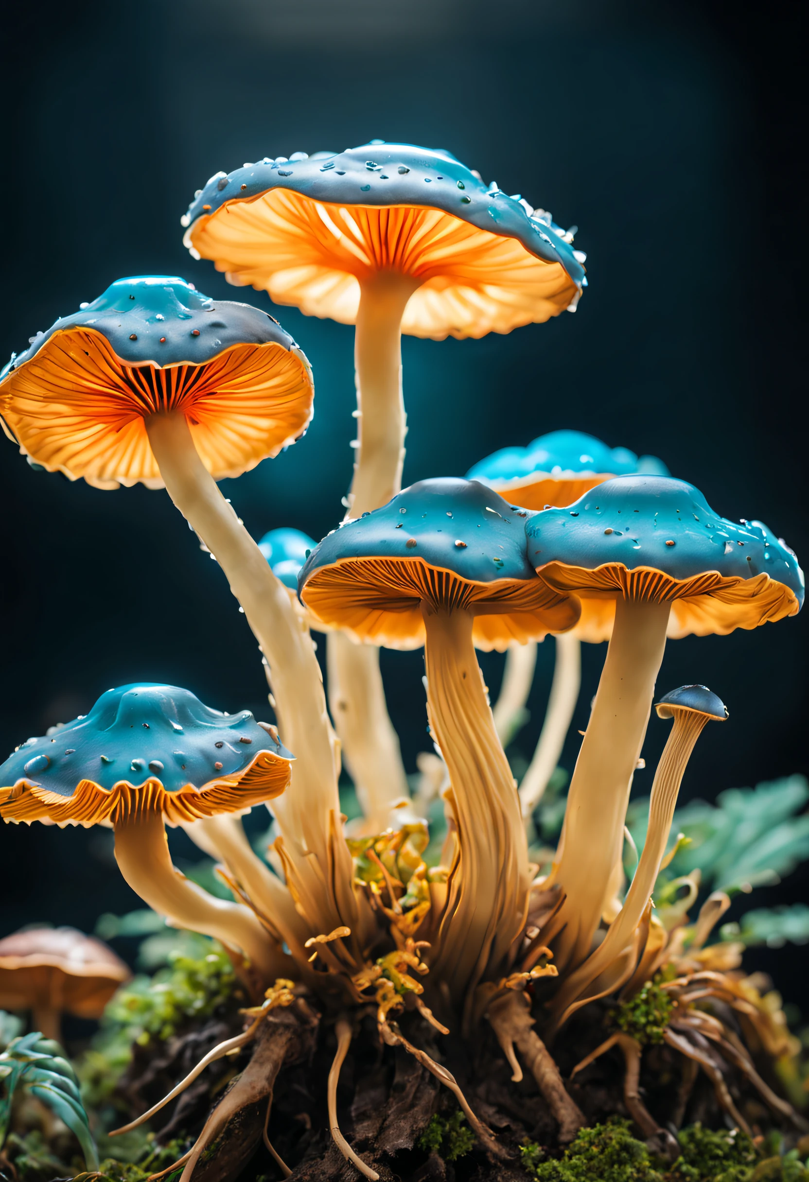 (best quality,ultra-detailed),professional,close-up,bioluminescent mushroom,sharp focus,vivid colors,studio lighting