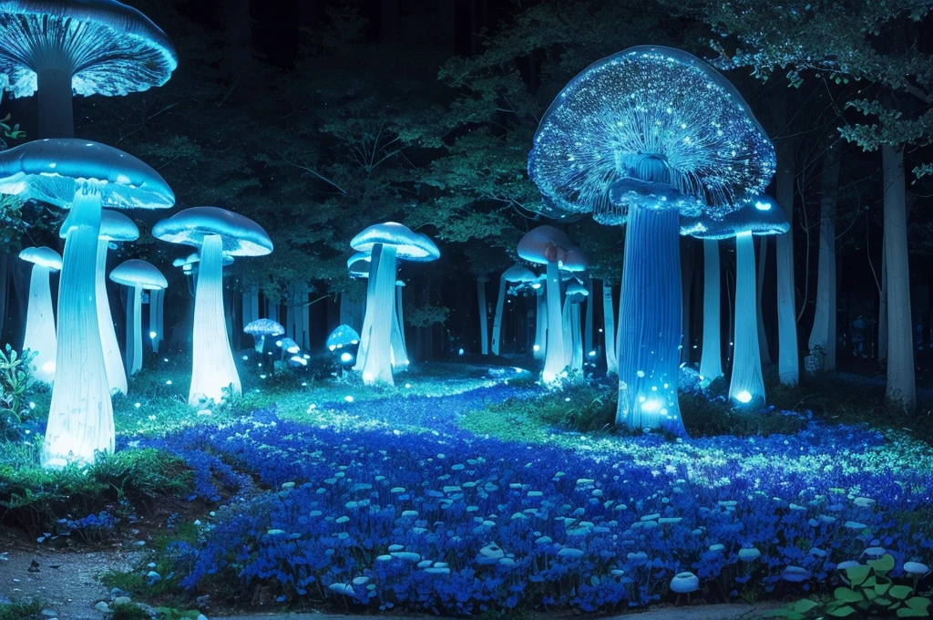 (Best quality at best,A high resolution),Transparent blue glowing mushroom,3Drenderingof,Crystal clear details,vivd colour,gentlesoftlighting,fanciful,Fairytale,Obsessed,Whimsical,magical,mistic,Ethereal,Otherworldly,wonderland,glowing spores,an enchanted forest,enchantedgarden,nighttime scene,Fantastical Atmosphere,naturey,a plant,Bio-luminescence,Soft glow,luminance,fungus,semi transparent,illuminating,Exquisite,dream-like,illusion,illuminated,Ethereal tendrils,floating,crooked stem,Soft edges,glow gently,Sparkling particles of light,mistic,mysterious glow,dream-like,tranquil ambiance,the lush vegetation,light wind,peacful,Calm,magical ambiance,blue light,Phosphorescent,stillness,Luminescent fungi,A majestic,Colorful,Blue tones,Delicate and beautiful,Fascinating.