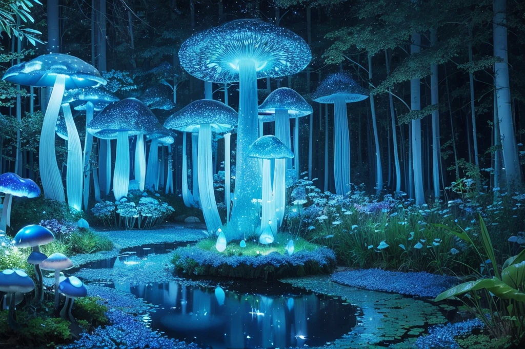 (Best quality at best,A high resolution),Transparent blue glowing mushroom,3Drenderingof,Crystal clear details,vivd colour,gentlesoftlighting,fanciful,Fairytale,Obsessed,Whimsical,magical,mistic,Ethereal,Otherworldly,wonderland,glowing spores,an enchanted forest,enchantedgarden,nighttime scene,Fantastical Atmosphere,naturey,a plant,Bio-luminescence,Soft glow,luminance,fungus,semi transparent,illuminating,Exquisite,dream-like,illusion,illuminated,Ethereal tendrils,floating,crooked stem,Soft edges,glow gently,Sparkling particles of light,mistic,mysterious glow,dream-like,tranquil ambiance,the lush vegetation,light wind,peacful,Calm,magical ambiance,blue light,Phosphorescent,stillness,Luminescent fungi,A majestic,Colorful,Blue tones,Delicate and beautiful,Fascinating.