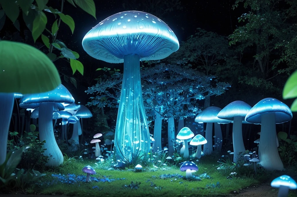 (Best quality at best,A high resolution),Transparent blue glowing mushroom,3Drenderingof,Crystal clear details,vivd colour,gentlesoftlighting,fanciful,Fairytale,Obsessed,Whimsical,magical,mistic,Ethereal,Otherworldly,wonderland,glowing spores,an enchanted forest,enchantedgarden,nighttime scene,Fantastical Atmosphere,naturey,a plant,Bio-luminescence,Soft glow,luminance,fungus,semi transparent,illuminating,Exquisite,dream-like,illusion,illuminated,Ethereal tendrils,floating,crooked stem,Soft edges,glow gently,Sparkling particles of light,mistic,mysterious glow,dream-like,tranquil ambiance,the lush vegetation,light wind,peacful,Calm,magical ambiance,blue light,Phosphorescent,stillness,Luminescent fungi,A majestic,Colorful,Blue tones,Delicate and beautiful,Fascinating.