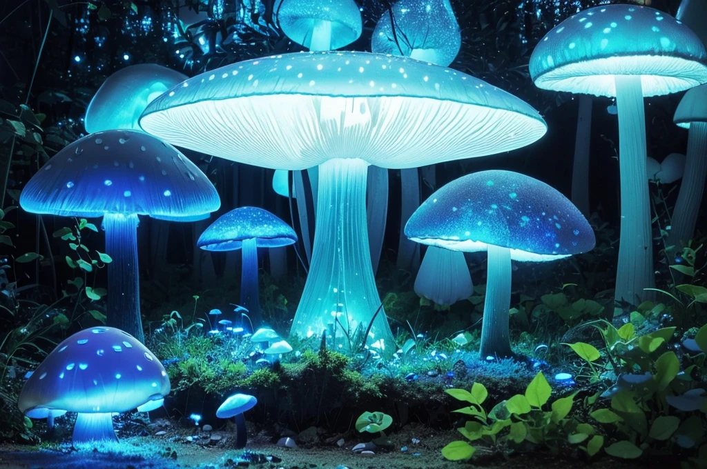 (Best quality at best,A high resolution),Transparent blue glowing mushroom,3Drenderingof,Crystal clear details,vivd colour,gentlesoftlighting,fanciful,Fairytale,Obsessed,Whimsical,magical,mistic,Ethereal,Otherworldly,wonderland,glowing spores,an enchanted forest,enchantedgarden,nighttime scene,Fantastical Atmosphere,naturey,a plant,Bio-luminescence,Soft glow,luminance,fungus,semi transparent,illuminating,Exquisite,dream-like,illusion,illuminated,Ethereal tendrils,floating,crooked stem,Soft edges,glow gently,Sparkling particles of light,mistic,mysterious glow,dream-like,tranquil ambiance,the lush vegetation,light wind,peacful,Calm,magical ambiance,blue light,Phosphorescent,stillness,Luminescent fungi,A majestic,Colorful,Blue tones,Delicate and beautiful,Fascinating.