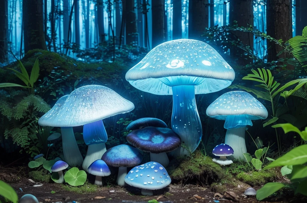 (Best quality at best,A high resolution),Transparent blue glowing mushroom,3Drenderingof,Crystal clear details,vivd colour,gentlesoftlighting,fanciful,Fairytale,Obsessed,Whimsical,magical,mistic,Ethereal,Otherworldly,wonderland,glowing spores,an enchanted forest,enchantedgarden,nighttime scene,Fantastical Atmosphere,naturey,a plant,Bio-luminescence,Soft glow,luminance,fungus,semi transparent,illuminating,Exquisite,dream-like,illusion,illuminated,Ethereal tendrils,floating,crooked stem,Soft edges,glow gently,Sparkling particles of light,mistic,mysterious glow,dream-like,tranquil ambiance,the lush vegetation,light wind,peacful,Calm,magical ambiance,blue light,Phosphorescent,stillness,Luminescent fungi,A majestic,Colorful,Blue tones,Delicate and beautiful,Fascinating.