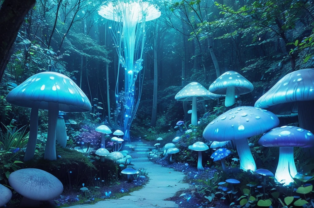 (Best quality at best,A high resolution),Transparent blue glowing mushroom,3Drenderingof,Crystal clear details,vivd colour,gentlesoftlighting,fanciful,Fairytale,Obsessed,Whimsical,magical,mistic,Ethereal,Otherworldly,wonderland,glowing spores,an enchanted forest,enchantedgarden,nighttime scene,Fantastical Atmosphere,naturey,a plant,Bio-luminescence,Soft glow,luminance,fungus,semi transparent,illuminating,Exquisite,dream-like,illusion,illuminated,Ethereal tendrils,floating,crooked stem,Soft edges,glow gently,Sparkling particles of light,mistic,mysterious glow,dream-like,tranquil ambiance,the lush vegetation,light wind,peacful,Calm,magical ambiance,blue light,Phosphorescent,stillness,Luminescent fungi,A majestic,Colorful,Blue tones,Delicate and beautiful,Fascinating.