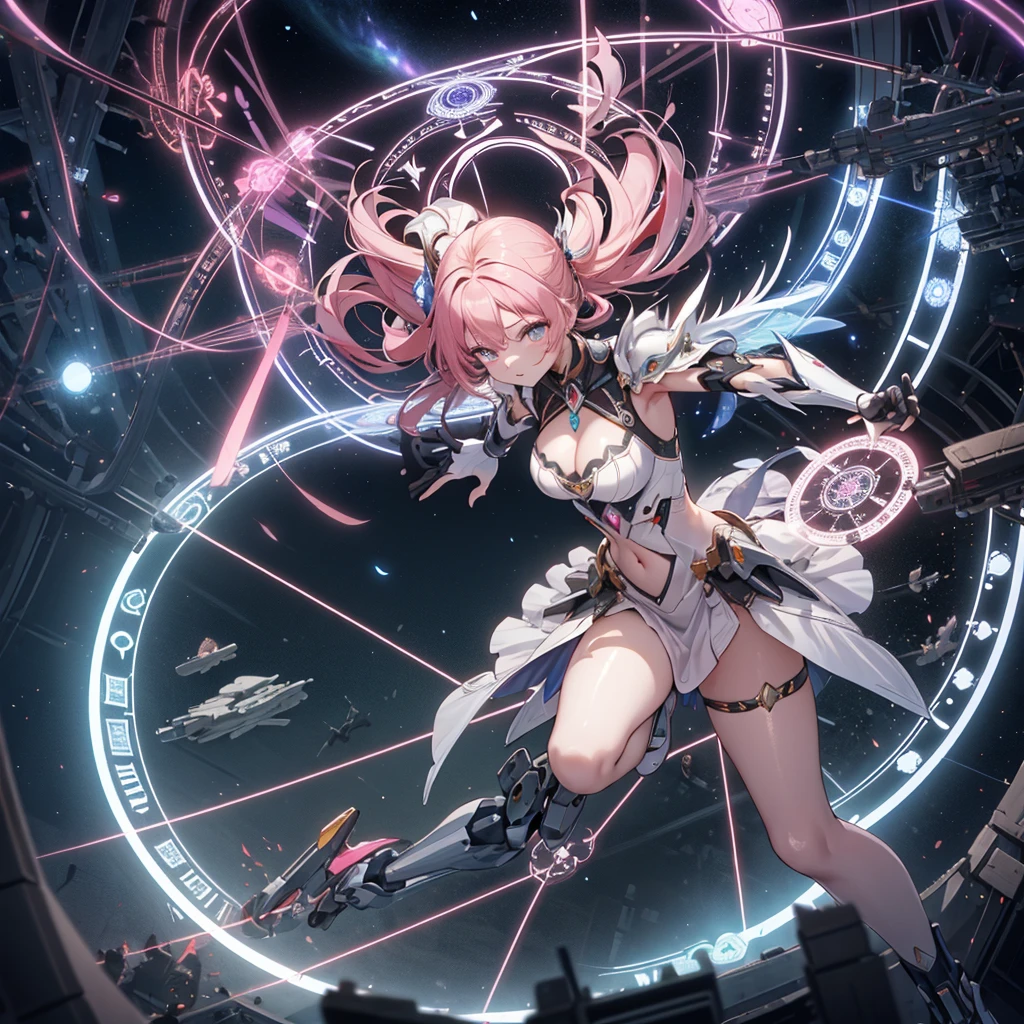 ((masterpiece:1.2)), ((highest quality)), detailed metal texture, perfect anatomy,1girl in magical mecha armor flying over the cyber city, (Solo:1.5), pink hair, (Mecha girl),  (large wings), ((mecha:1.4)), (magical power:1.5),white outfit, Marshal's exclusive sapphire blue armor dress,((shiny armor, High-gloss armor)), many parts, cleavage, navel, thighs, menacing,(magic circle:1.3), (Combat pose), (action pose:1.3), universe, nebula, aurora, vivid color, hight contrast, bird 's-eye view, fantastic atmosphere