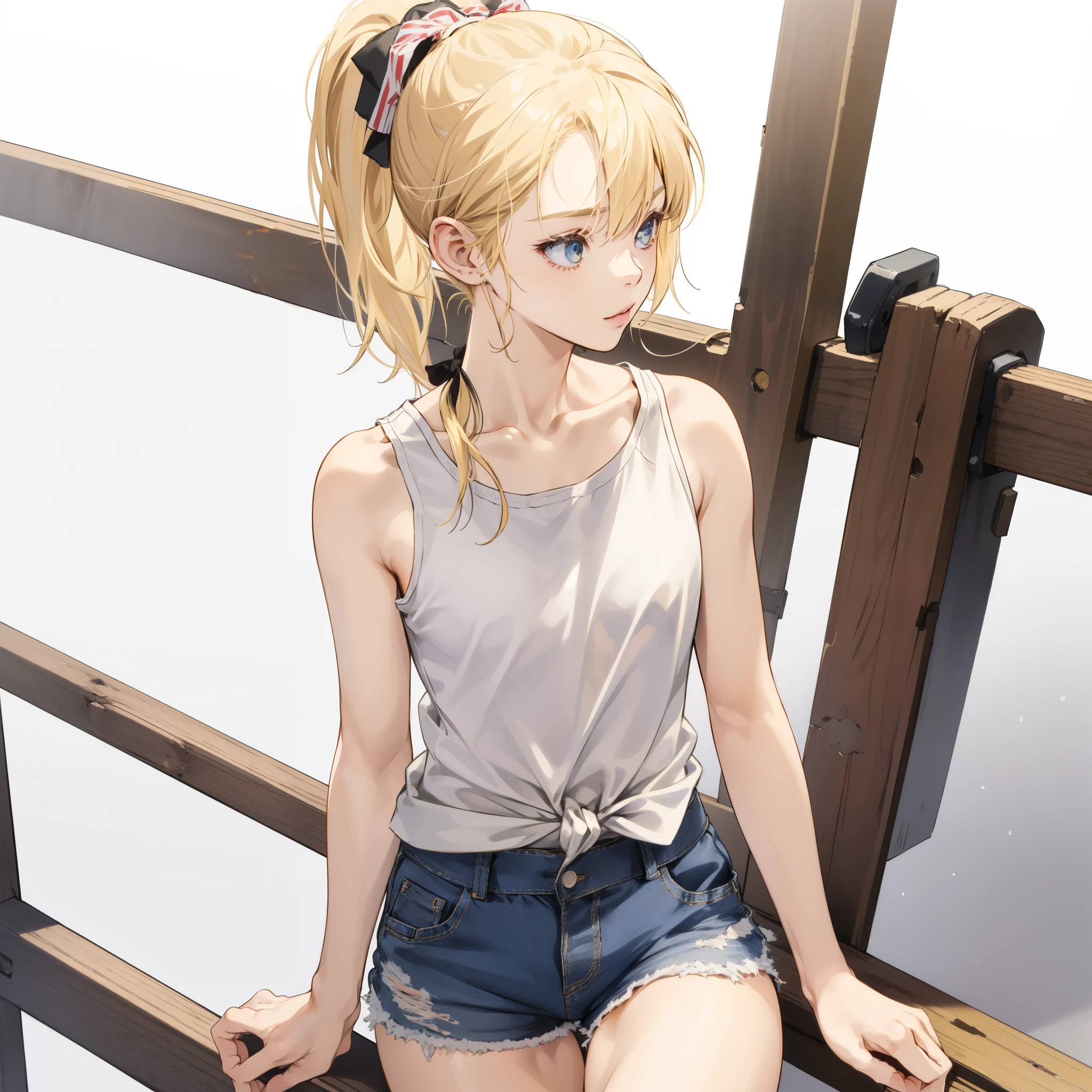 Anime girl with blonde hair and blue eyes sitting on a wooden bench -  SeaArt AI