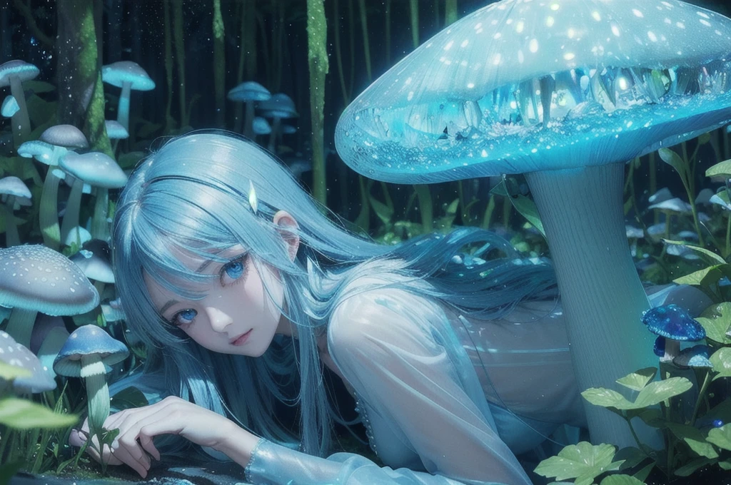 (Best quality at best,A high resolution),Transparent blue glowing mushroom,3Drenderingof,Crystal clear details,vivd colour,gentlesoftlighting,fanciful,Fairytale,Obsessed,Whimsical,magical,mistic,Ethereal,Otherworldly,wonderland,glowing spores,an enchanted forest,enchantedgarden,nighttime scene,Fantastical Atmosphere,naturey,a plant,Bio-luminescence,Soft glow,luminance,fungus,semi transparent,illuminating,Exquisite,dream-like,illusion,illuminated,Ethereal tendrils,floating,crooked stem,Soft edges,glow gently,Sparkling particles of light,mistic,mysterious glow,dream-like,tranquil ambiance,the lush vegetation,light wind,peacful,Calm,magical ambiance,blue light,Phosphorescent,stillness,Luminescent fungi,A majestic,Colorful,Blue tones,Delicate and beautiful,Fascinating.