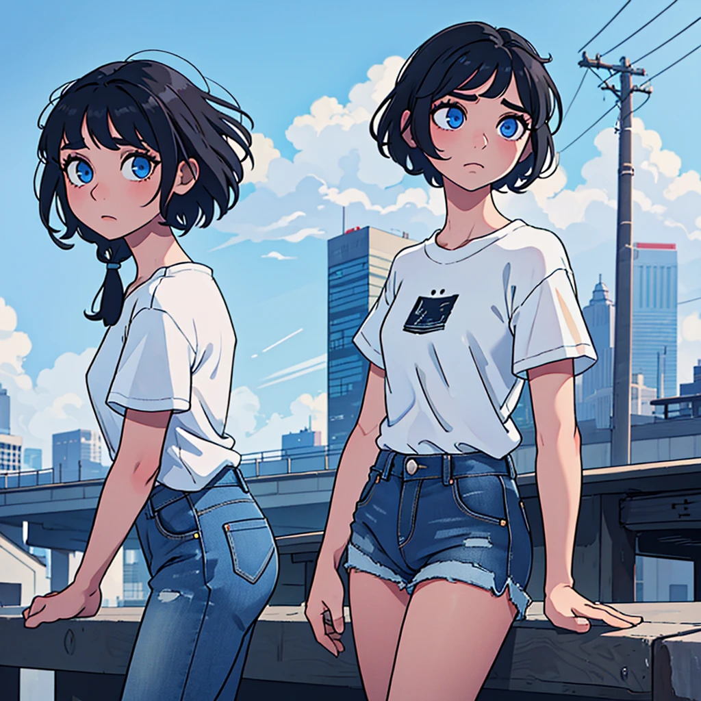 1girl, short black hair, blue eye, wearing plain white shirt, denim short, city, absurdres, high resolution, ultrasharp, masterpiece, looking at viewer