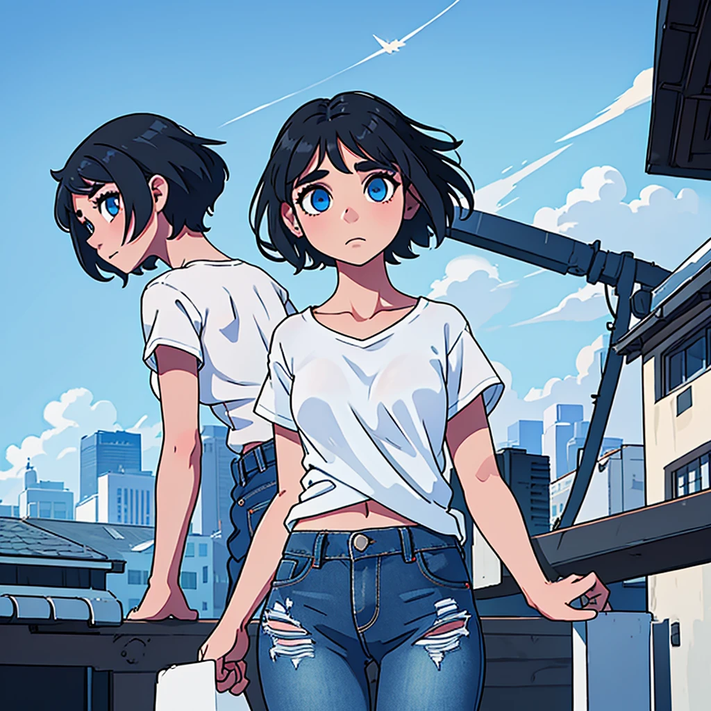 1girl, short black hair, blue eye, wearing plain white shirt, denim short, city, absurdres, high resolution, ultrasharp, masterpiece, looking at viewer