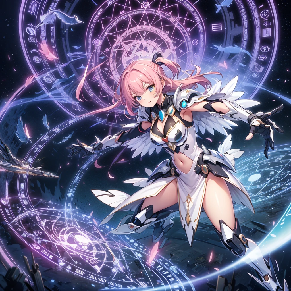 ((masterpiece:1.2)), ((highest quality)), detailed metal texture, perfect anatomy,1girl in magical mecha armor flying over the cyber city, (Solo:1.5), pink hair, (Mecha girl), (large wings), 6 wings, ((mecha:1.4)), (magical power:1.5),white outfit, armor dress,((shiny armor, High-gloss armor)), many parts, cleavage, navel, thighs, menacing,(magic circle:1.3), (Combat pose), (action pose:1.3), universe, nebula, aurora, vivid color, hight contrast, bird 's-eye view, fantastic atmosphere