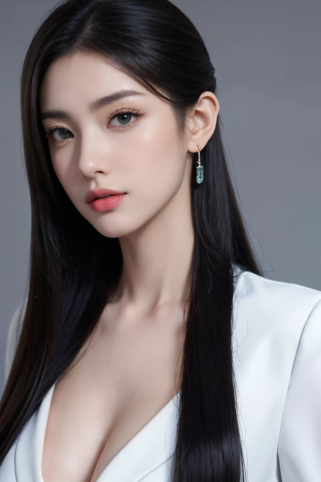 tmasterpiece,Best quality at best,A high resolution,8K,(portrait),(Close up of avatar),(RAW photogr),real photograph,digital photography,(Workplace Girls),(Urban style working women),20岁女孩,long ponytail hairstyle,By bangs,(black blonde hair),(green eyes),Serious and charming,A plump chest,cleavage,Simple accessories,Keep your mouth shut,elegant and charming,serious and arrogant,Calm and handsome,(Women's professional attire),Photo pose,Realistic style,gray world background,oc render reflection texture