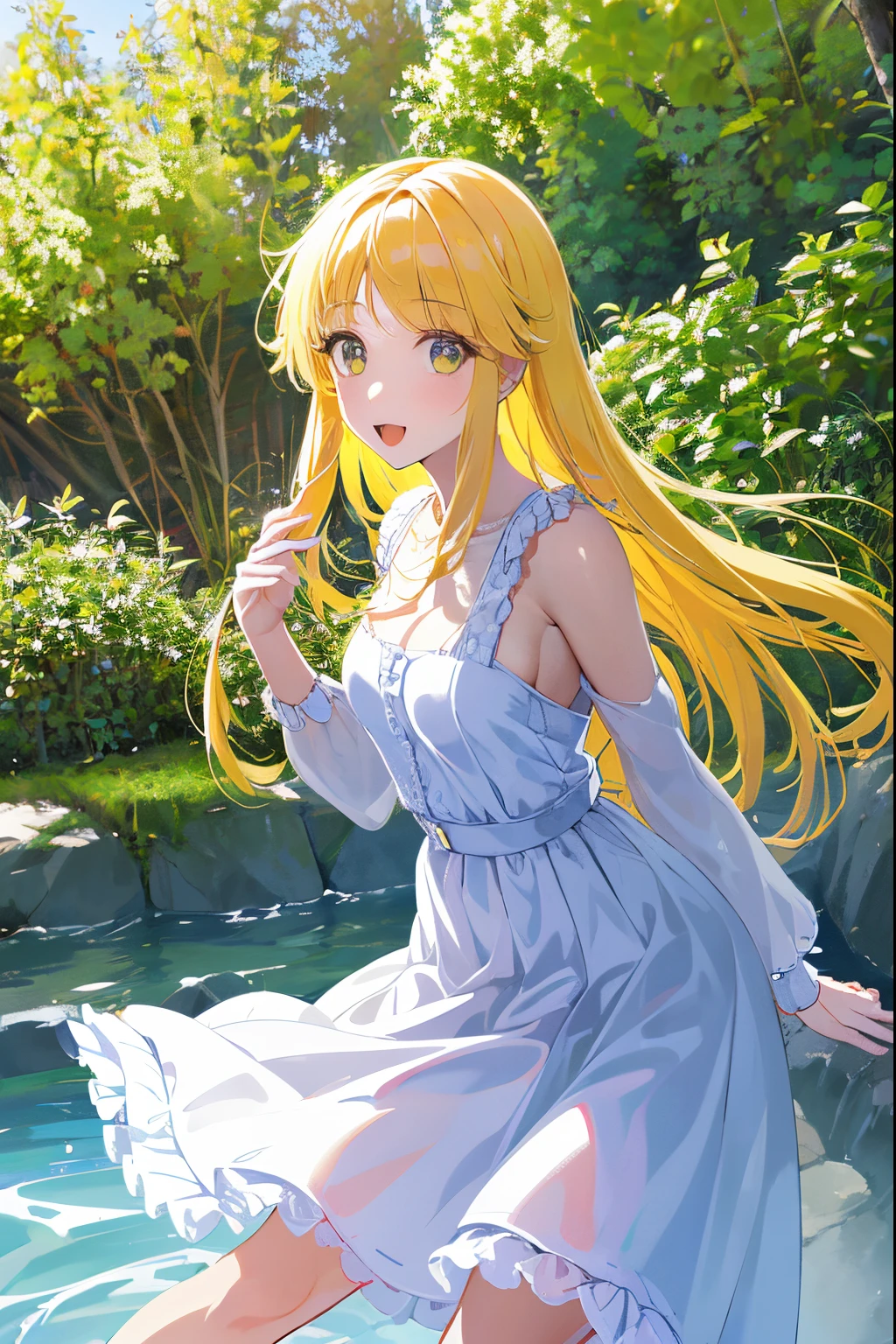 a girl Koikishi Kokoro,in a garden,painting,oil painting,full of flowers,with a flowing river,under the shade of tall trees,with sunlight filtering through the leaves,emphasizing her delicate features,beautiful detailed eyes,beautiful detailed lips,extremely detailed eyes and face,long eyelashes,her hair blowing in the breeze,expressing a serene and peaceful expression,on the verge of singing, wearing a flowing dress, with vibrant colors, capturing her vibrant energy and joy, high quality, 4k resolution, ultra-detailed, photo-realistic, with vivid and vibrant colors, vibrant and warm color tones, with soft and warm lighting.