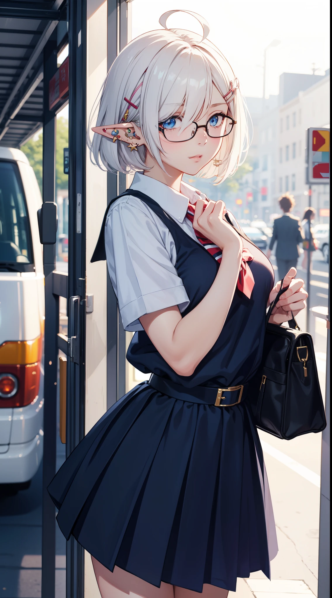 calidad de dios, Estilo artístico del anime Moe, anime rudo 8k,anatomía perfecta, (Please draw a duende girl walking sleepily to school. ),break, duende, 1 chica, un estudiante de secundaria, pelo blanco, ahogo, {{Pelo despeinado}}, corte de pelo bob, flequillo partido,(pelo sobre un ojo), Extremidades completas, Dedos completos, pechos medianos, anteojos, hermosos ojos azules finamente detallados, Pinza para el cabello, Labios rosa claro, Uniforme escolar, varios accesorios, (la perforación del oído),  en la ruta de viaje escolar, break,ultra detallado, Alta resolución,piel súper detallada, Iluminación profesional, iluminación cinematográfica, (linda ilustración:1.2), (profundidad de campo:1.2), (fondo borroso:1.2), estilo artístico de Artgerm, a las nueve_(liuyuhao1992), Por Yusuke Murata,