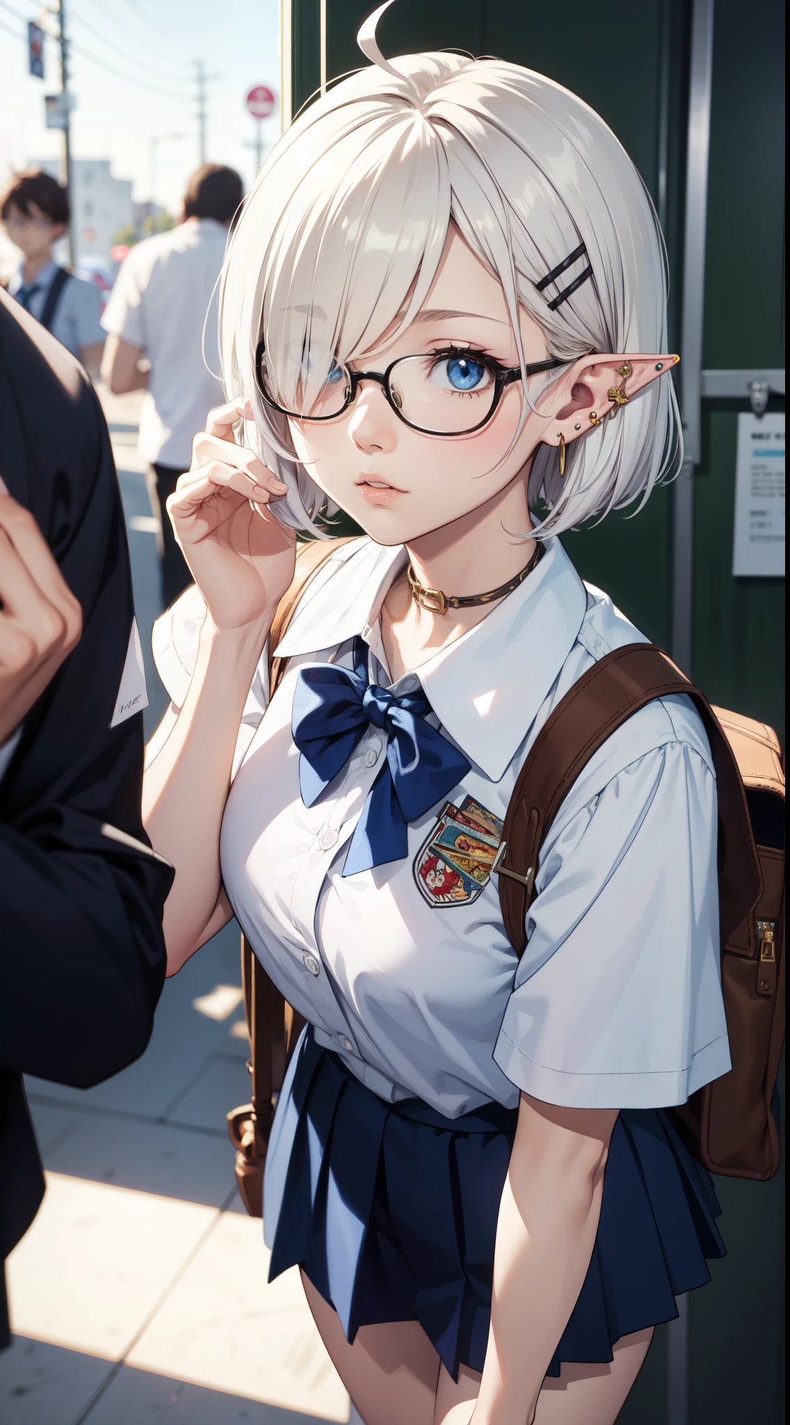 God quality, anime moe artstyle, badass anime 8k,perfect anatomy, (Please draw a elf girl walking sleepily to school. ),break, elf, 1girl, a high school student, white hair, ahoge, [[Messy hair]], Bob cut hair, parted bangs,(hair over one eye), Full limbs, complete fingers, medium breasts, glasses, finely detailed beautiful blue eyes, hairclip, school Uniform, Various accessories, (ear piercing),  in the School commute route, break,ultra-detailed, high resolution,super detailed skin, professional lighting, Cinematic lighting, (cute illustration:1.2), (depth of field:1.2), (blurry background:1.2), art style by Artgerm, by nine_(liuyuhao1992), by Yusuke Murata,