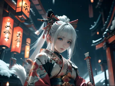 anime - style image of a short-white hair warrior woman, clothes only have white and black colour, samurai kimono, empty hand, w...