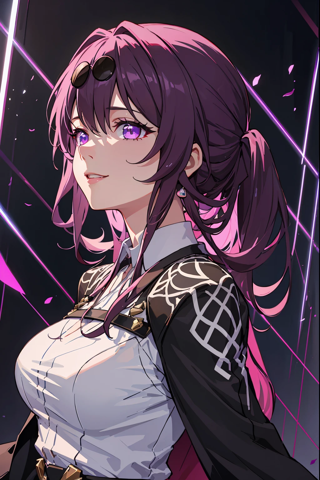 (masterpiece, best quality, ultra-detailed, best shadow), (detailed background), (beautiful detailed face), high contrast, (best illumination, an extremely delicate and beautiful), ((cinematic light)), colorful, hyper detail, dramatic light, intricate details, (1girl, solo, kafka, honkai star rail, mommy smile, sexy, purple hair, sharp face,purple eyes,dynamic angle), depth of field,black light particles