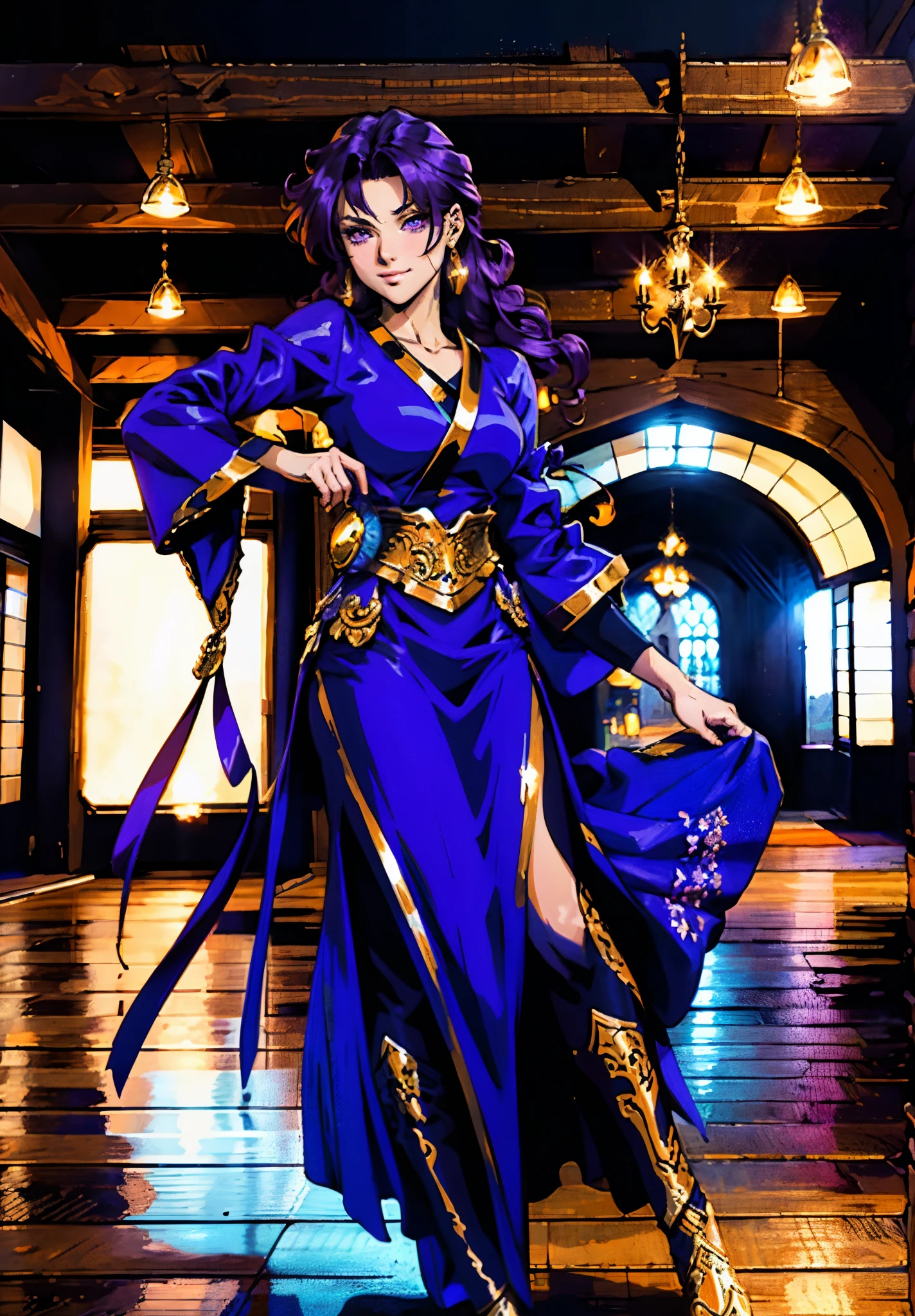 A mature woman, medium-length black-purple hair, curly bangs, sly eyes, a playful smile, an elegant and wise demeanor, a simple fantasy martial arts-style orange two-piece dress with a long skirt, wide sleeves, a flowing hem, Gracefully strolling in an ancient building towering among the mountains, this character embodies a finely crafted fantasy martial arts-style female warrior in anime style, exquisite and mature manga art style, high definition, best quality, highres, ultra-detailed, ultra-fine painting, extremely delicate, professional, anatomically correct, symmetrical face, extremely detailed eyes and face, high quality eyes, creativity, RAW photo, UHD, 8k, Natural light, cinematic lighting, masterpiece-anatomy-perfect, masterpiece:1.5