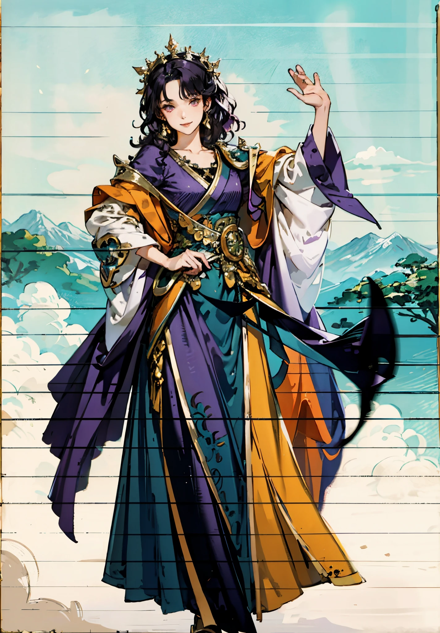 A mature woman, medium-length black-purple hair, curly bangs, sly eyes, a playful smile, an elegant and wise demeanor, a simple fantasy martial arts-style orange two-piece dress with a long skirt, wide sleeves, a flowing hem, Gracefully strolling in an ancient building towering among the mountains, this character embodies a finely crafted fantasy martial arts-style female warrior in anime style, exquisite and mature manga art style, high definition, best quality, highres, ultra-detailed, ultra-fine painting, extremely delicate, professional, anatomically correct, symmetrical face, extremely detailed eyes and face, high quality eyes, creativity, RAW photo, UHD, 8k, Natural light, cinematic lighting, masterpiece-anatomy-perfect, masterpiece:1.5